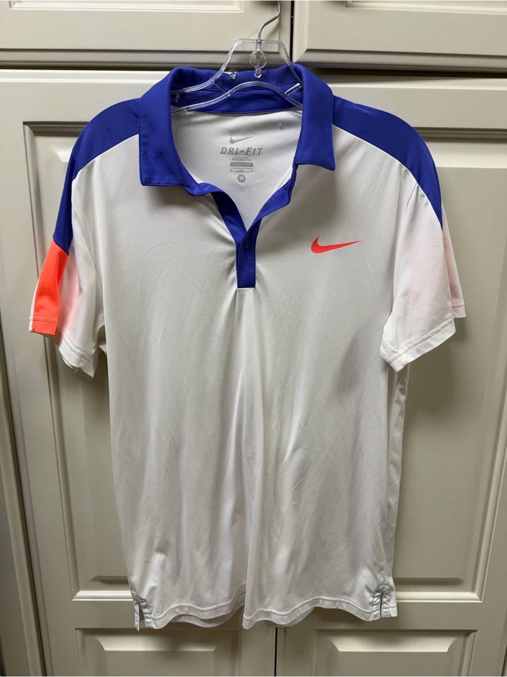 Nike White Polo with Royal Blue Collar and Coral Swoosh
